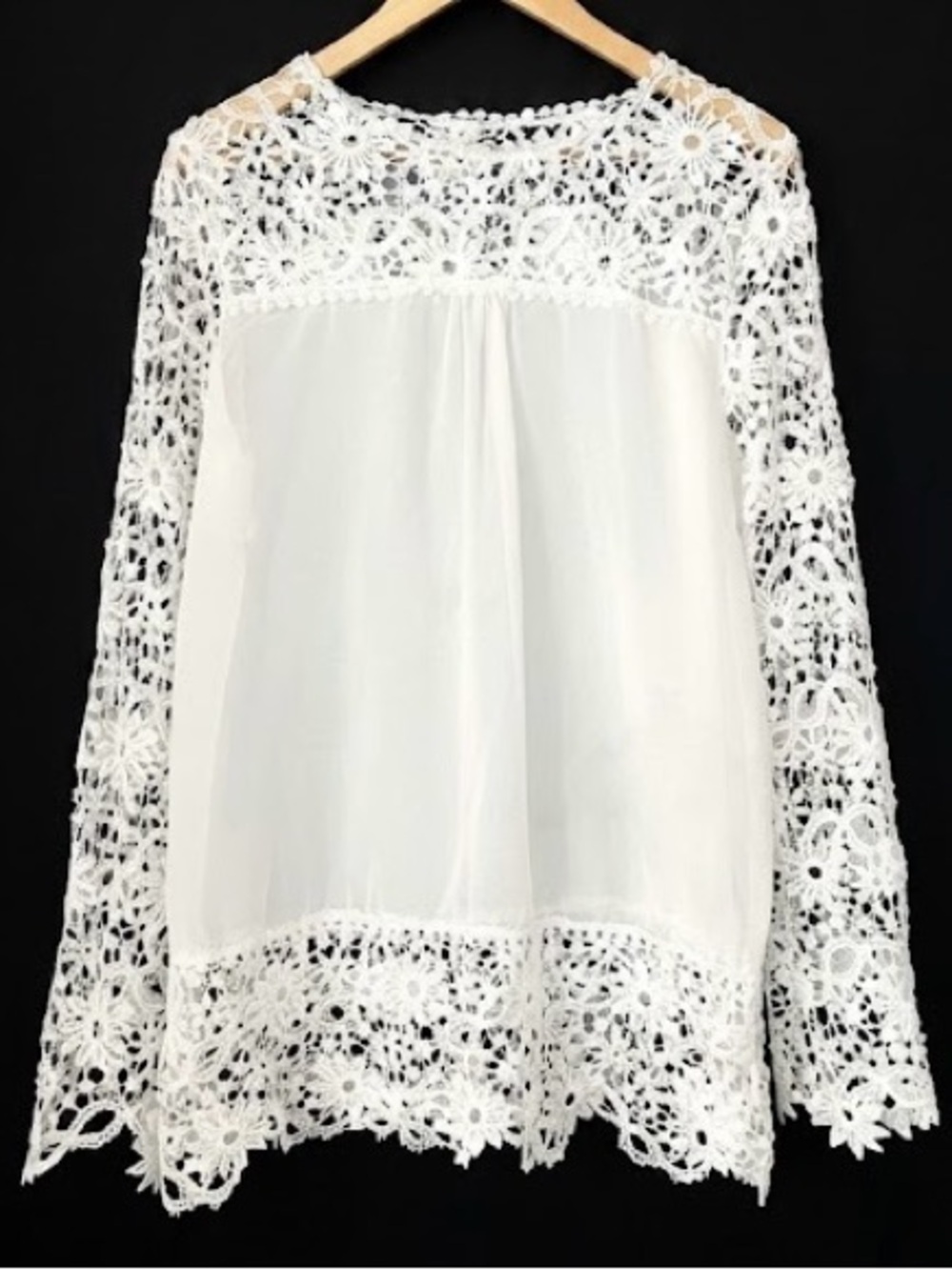 Vintage 1970s Floral Vine Guipure Delicate White Lace Sheer Polyester Blouse Top